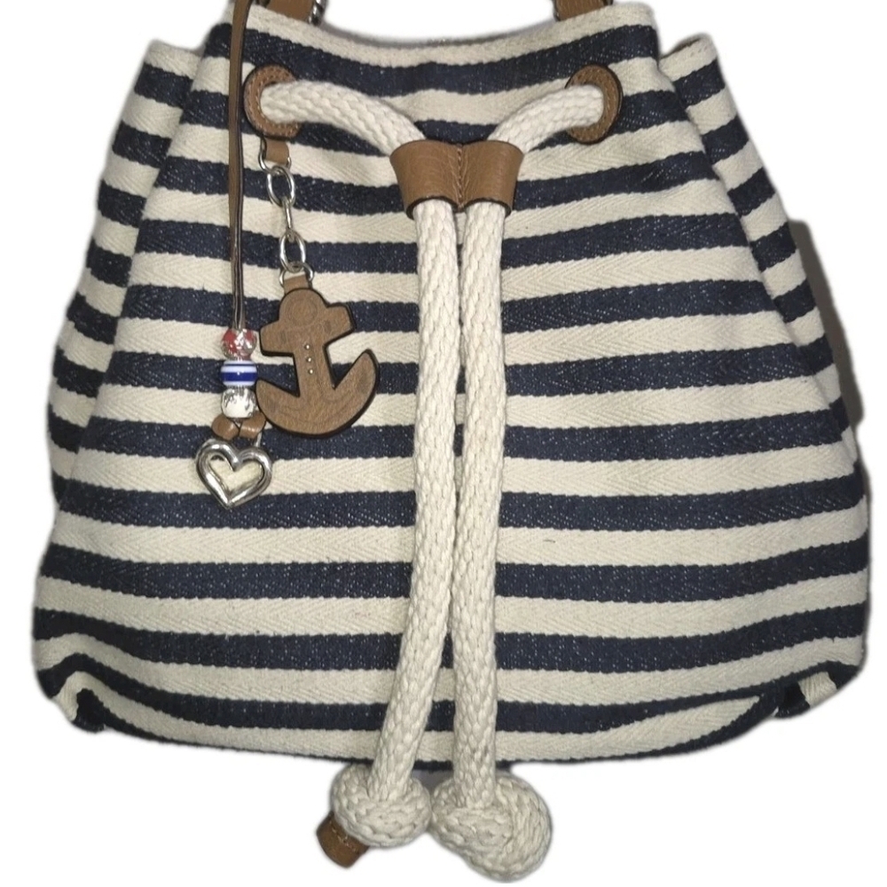 BRIGHTON Surf Drawstring Bucket Bag Navy/Natural Nautical Anchor Beaded Charm